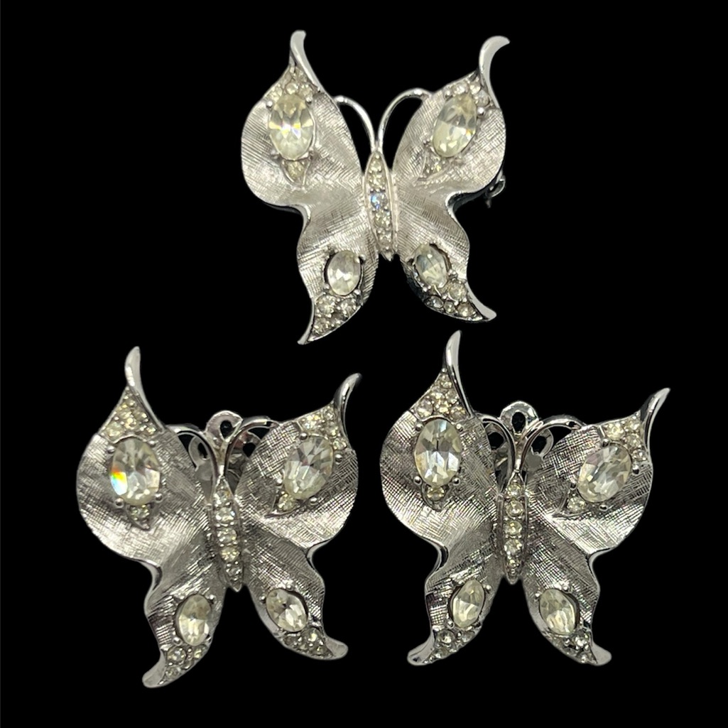 Crown Trifari Alfred Philippe Silver Tone Butterfly Brooch Pin & Earrings Set